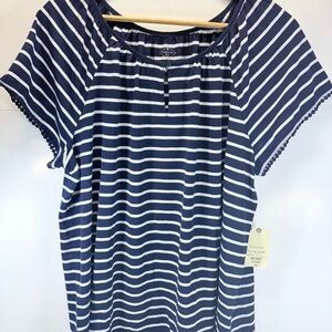 St. John's Bay Navy/White & Solid  Navy Short Sleeve Top. Sold as a set.